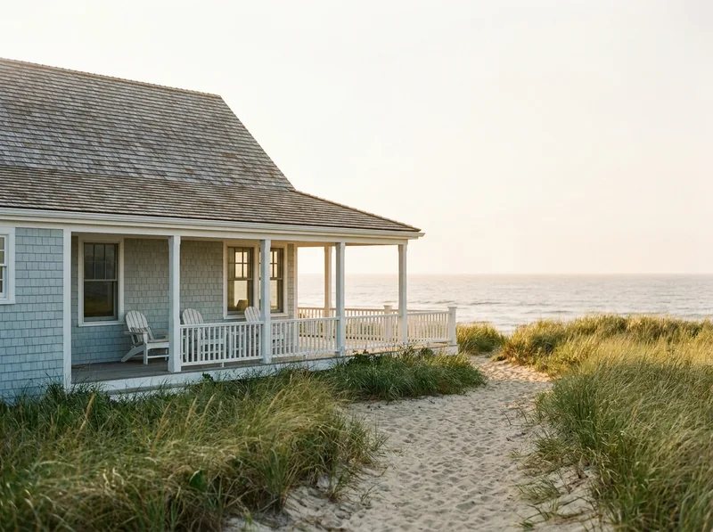 A shingled coastal cottage with a white porch behind dune grass