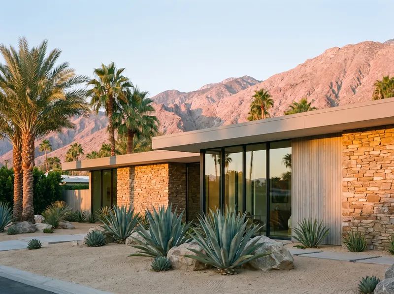 A low desert house of stacked stone and glass below a sunlit mountain range