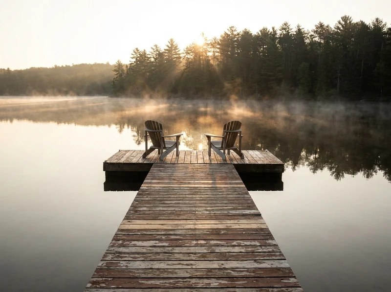 A weathered dock and two empty chairs on a still lake at sunrise