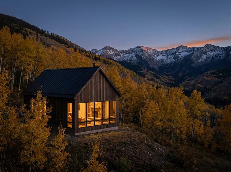 A timber cabin among golden aspens with lit windows at dusk