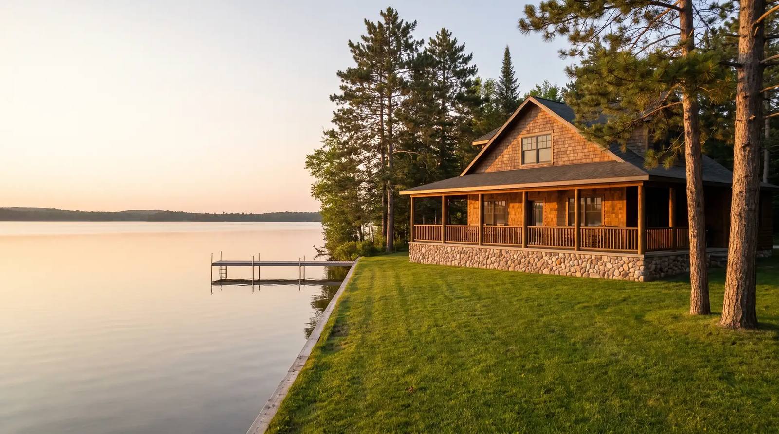 A cedar-shingle lake house on a stone foundation at golden hour, with a wooden dock reaching into still water
