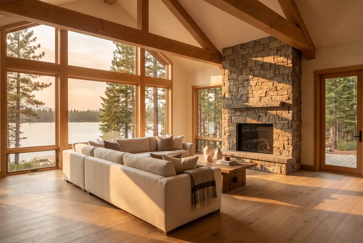A great room with exposed timber trusses and a stone chimney, looking out through tall glass to a lake