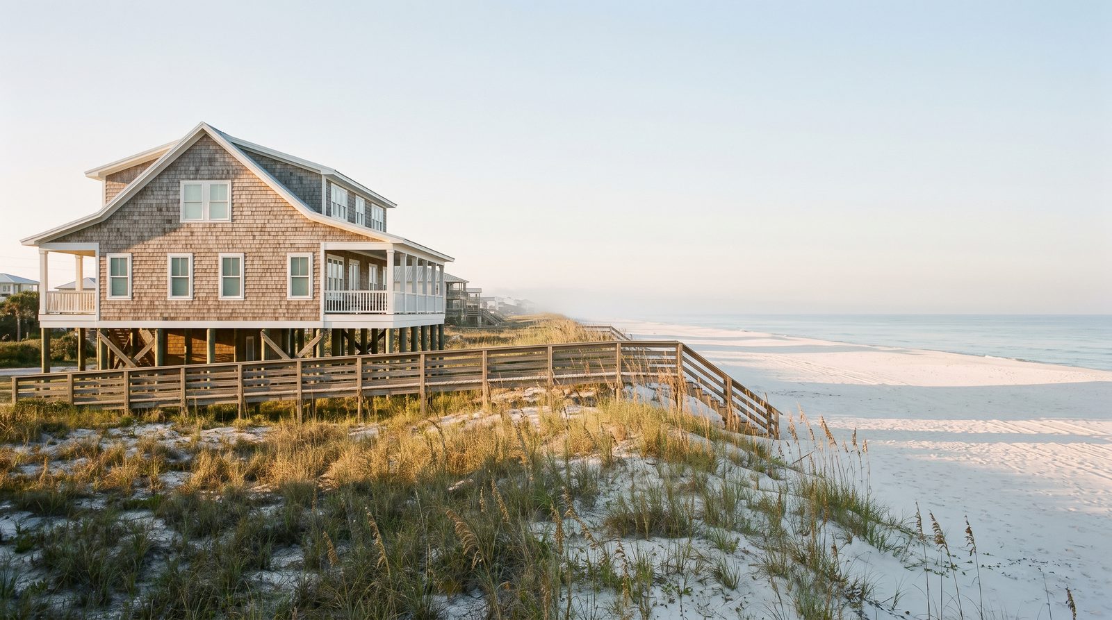 A cedar-shingle beach house raised on pilings behind a dune of sea oats on the Alabama Gulf Coast at sunrise, with a weathered boardwalk along the dune and white sand running down to calm water