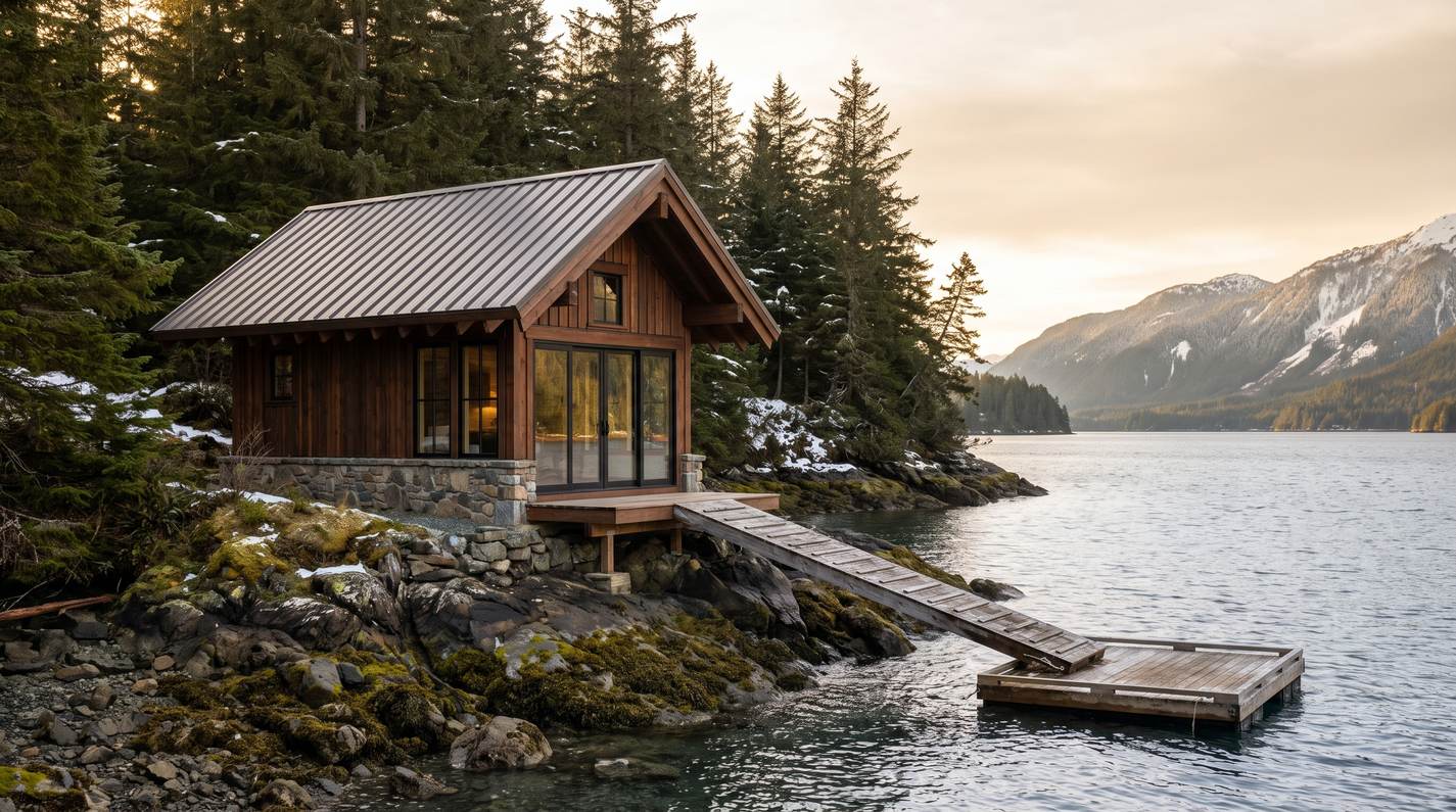 A cedar cabin with a metal roof above a rocky saltwater inlet in coastal Alaska, spruce forest behind it and snow-streaked mountains across the water