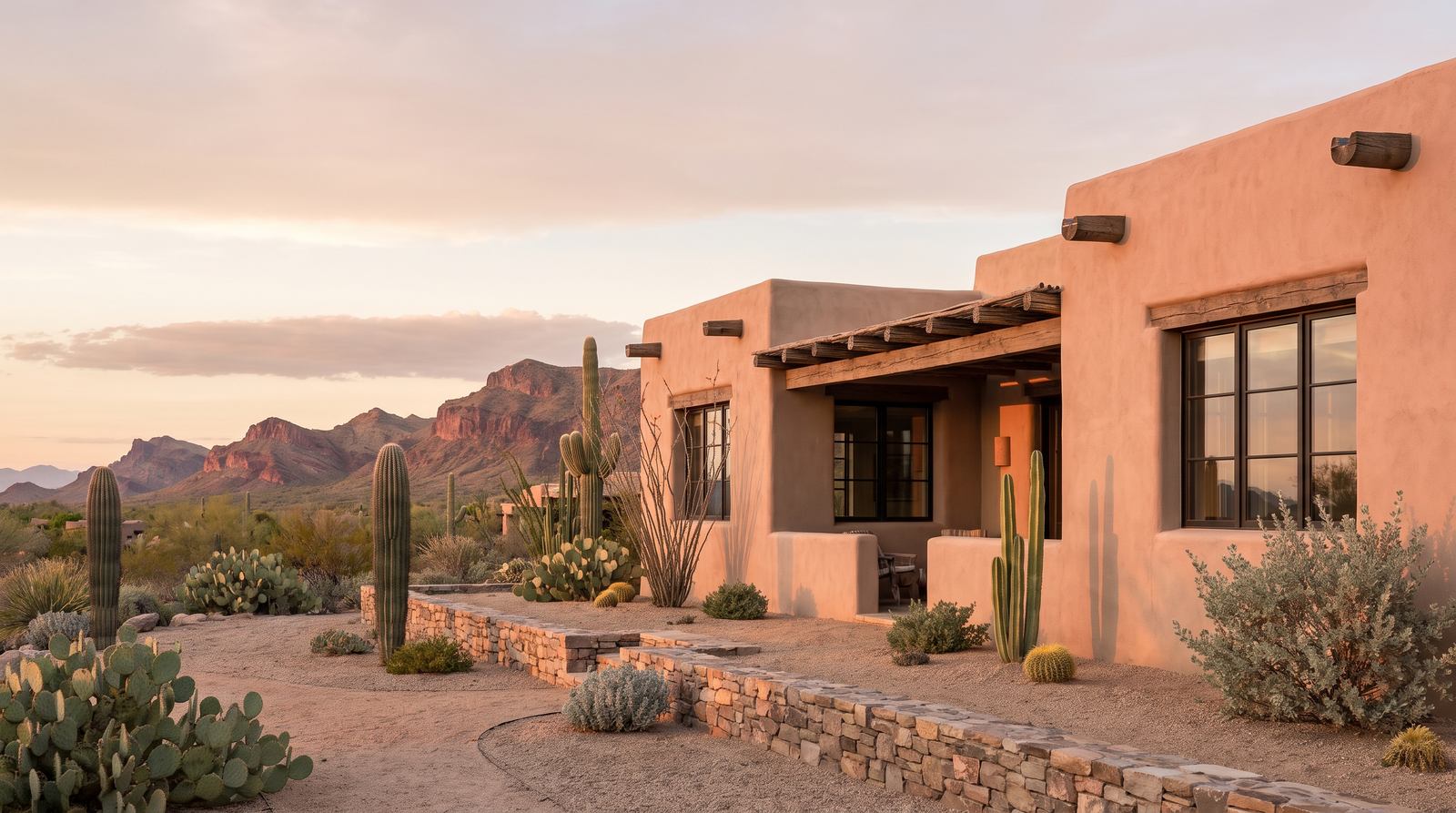 A low adobe house with timber vigas and a shaded ramada among saguaro and prickly pear in the Sonoran desert of Arizona at sunset