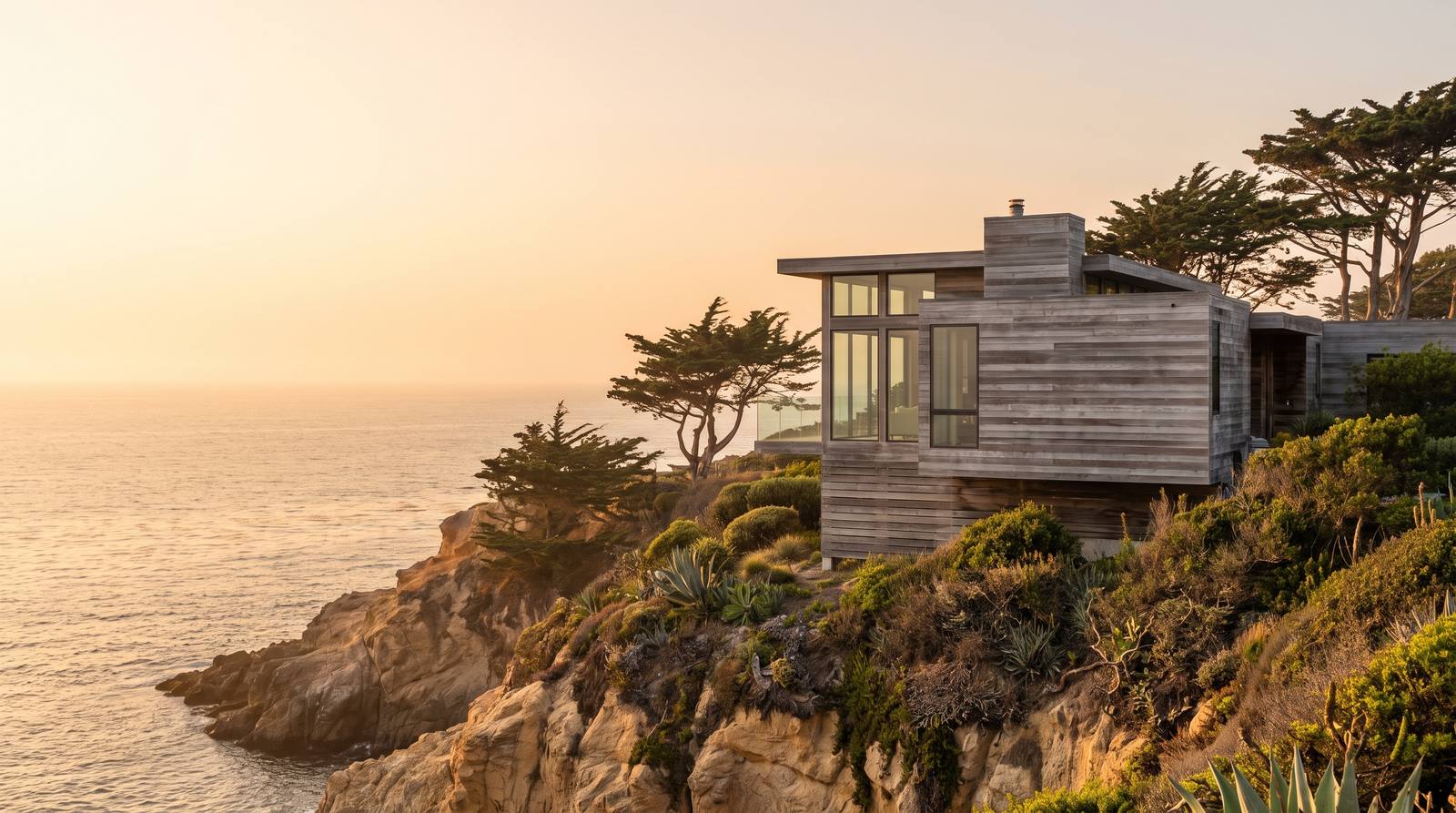 A silvered cedar house on a California coastal bluff above the Pacific at sunset, with wind-shaped cypress on the headland