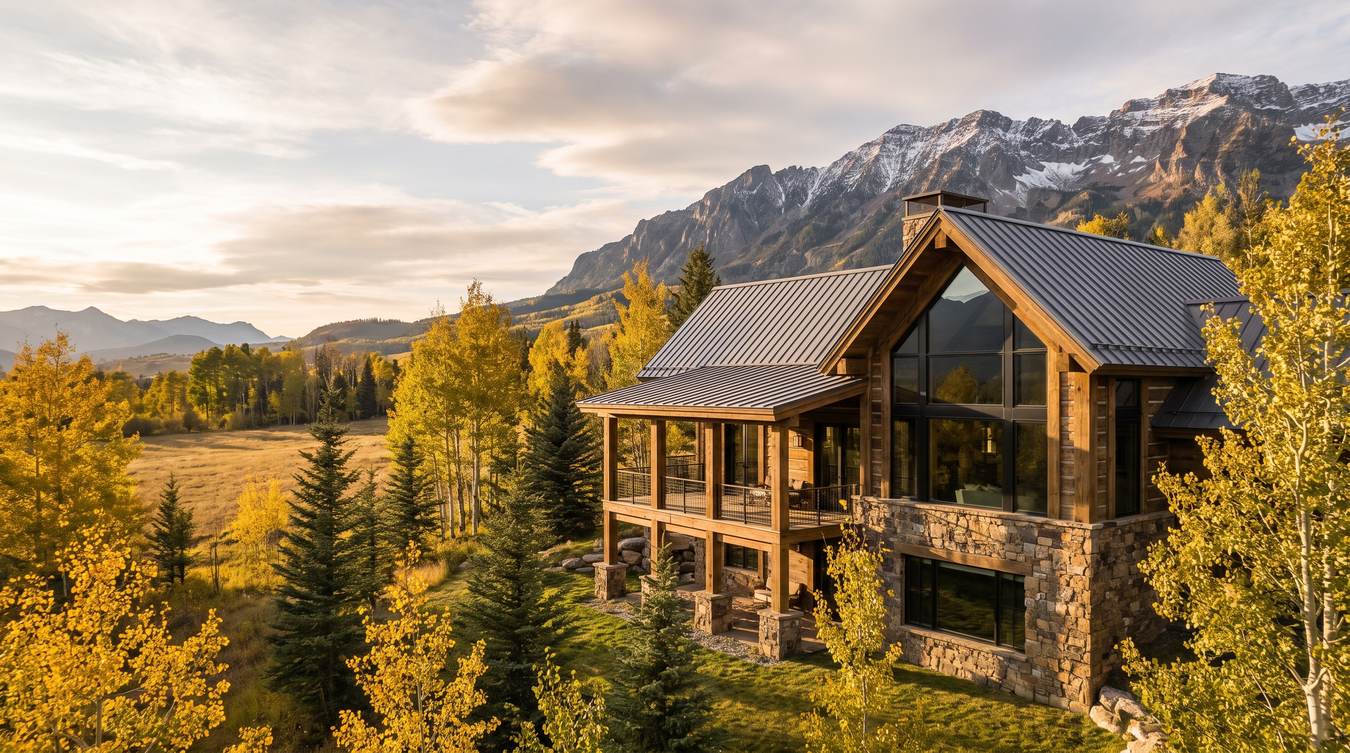 A timber and stone mountain home among golden aspens in the Colorado Rockies, with a snow-dusted ridge rising behind it at golden hour