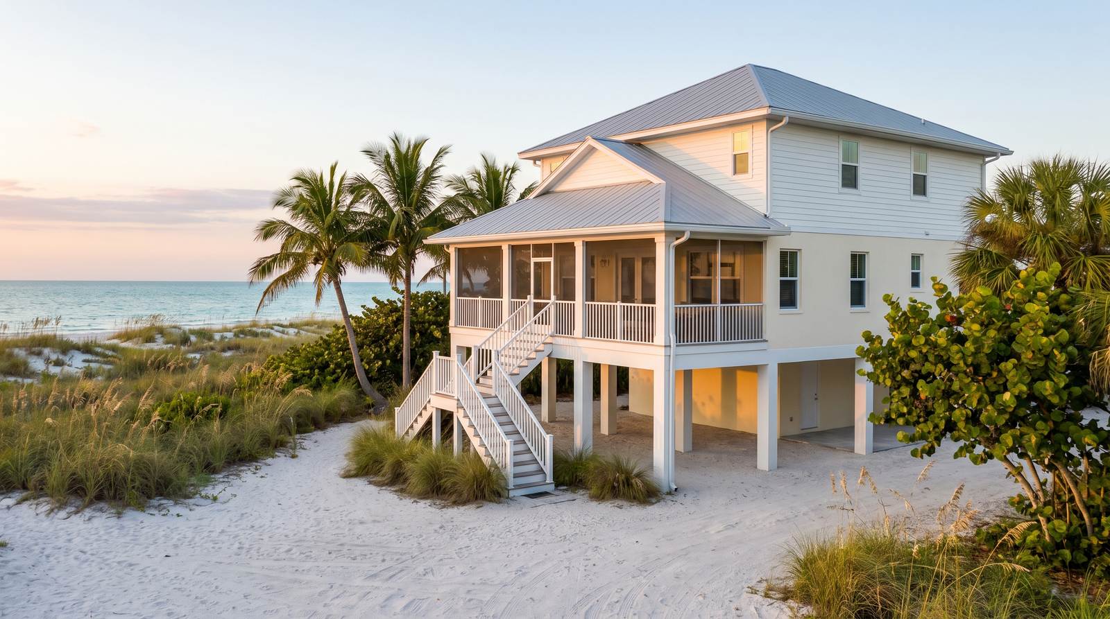 A raised white beach house standing on piers above the sand on the Florida Gulf coast, with sea oats, coconut palms and turquoise water