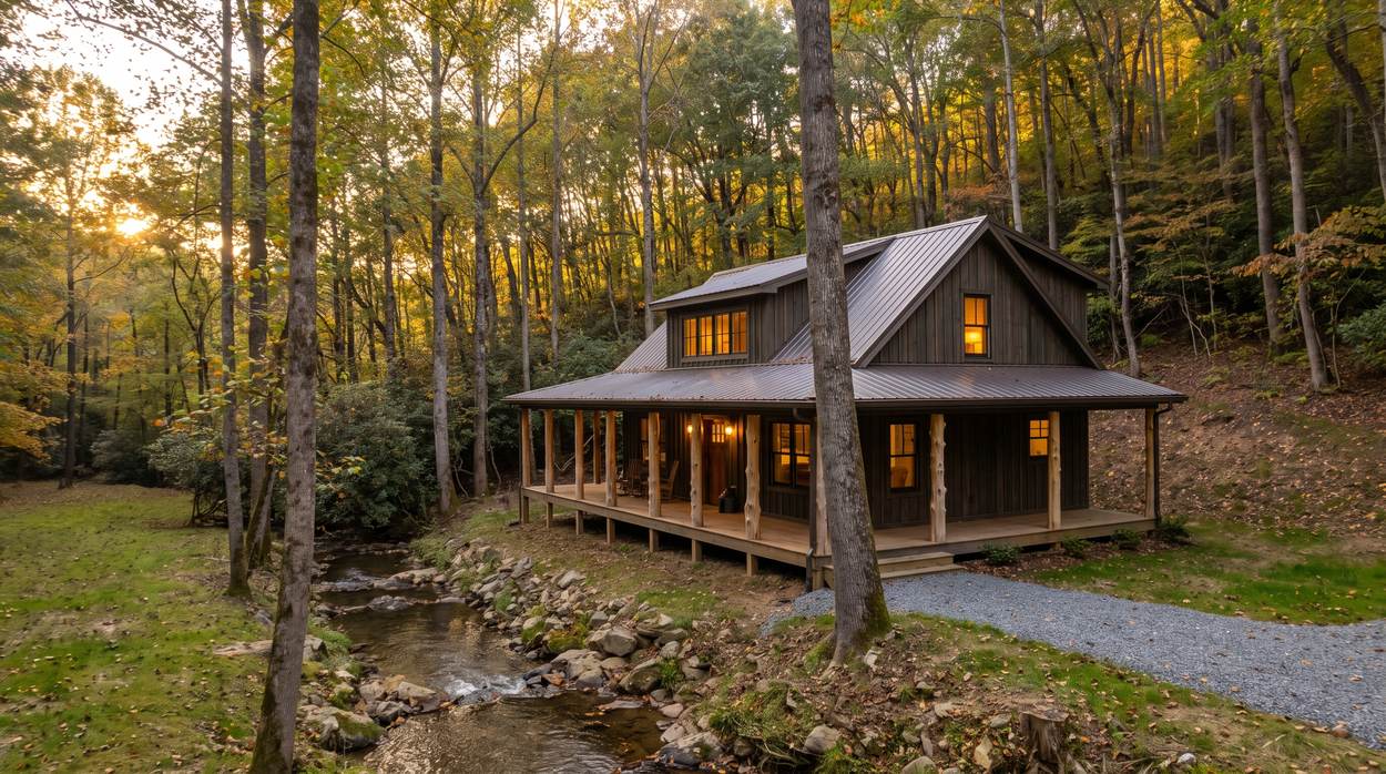A rustic timber cabin with a broad log-post porch above a rocky creek in a north Georgia hardwood cove at golden hour