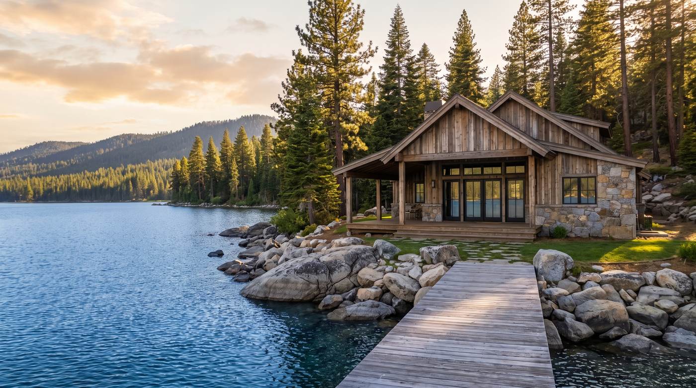 A cedar and stone lake house with a wooden dock on a granite shoreline in the Idaho mountains, ponderosa pines around it at golden hour
