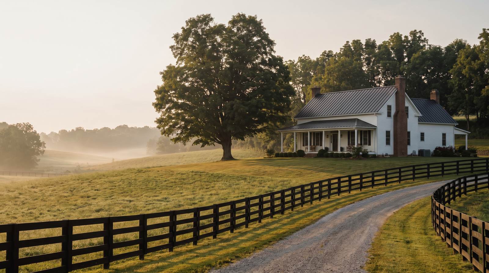A white clapboard farmhouse above rolling bluegrass pasture in Kentucky, with a black plank fence running along a gravel lane