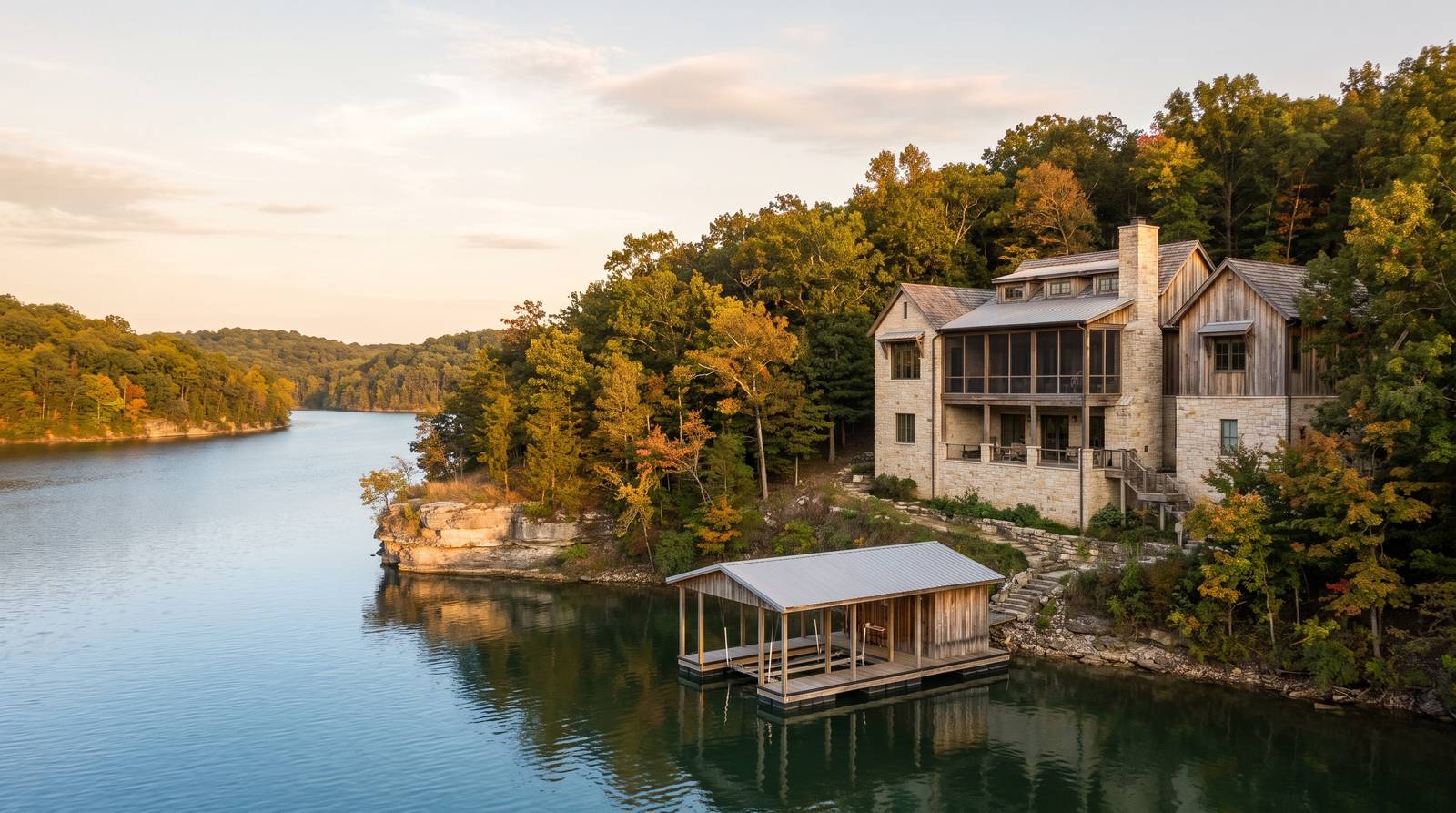 A limestone and cedar lake house above a covered boat dock on a wooded Ozark lake arm in Missouri, autumn color along the bluffs