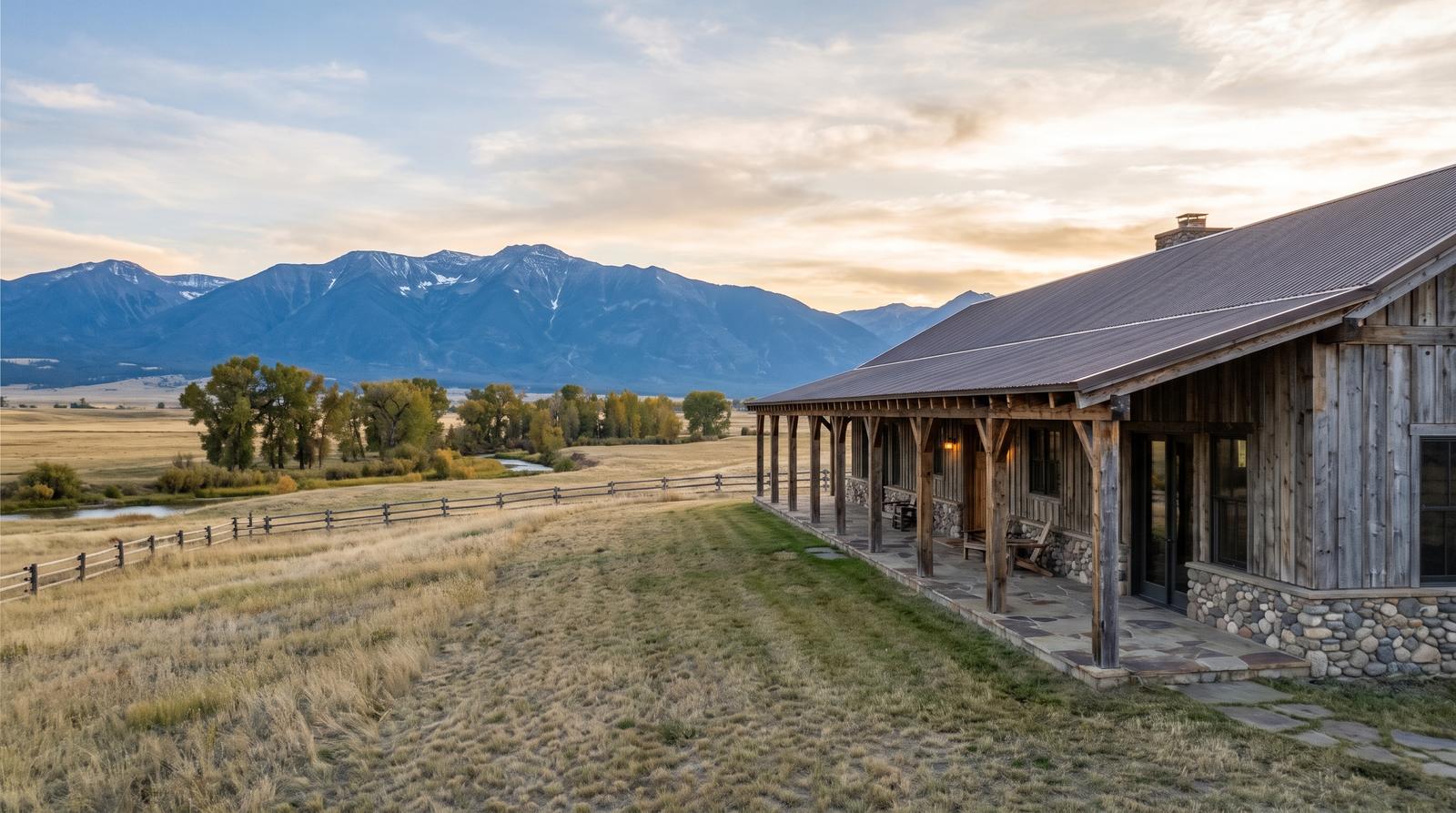 A weathered timber ranch house with a long porch on open Montana rangeland at golden hour, cottonwoods along a creek and a distant mountain front
