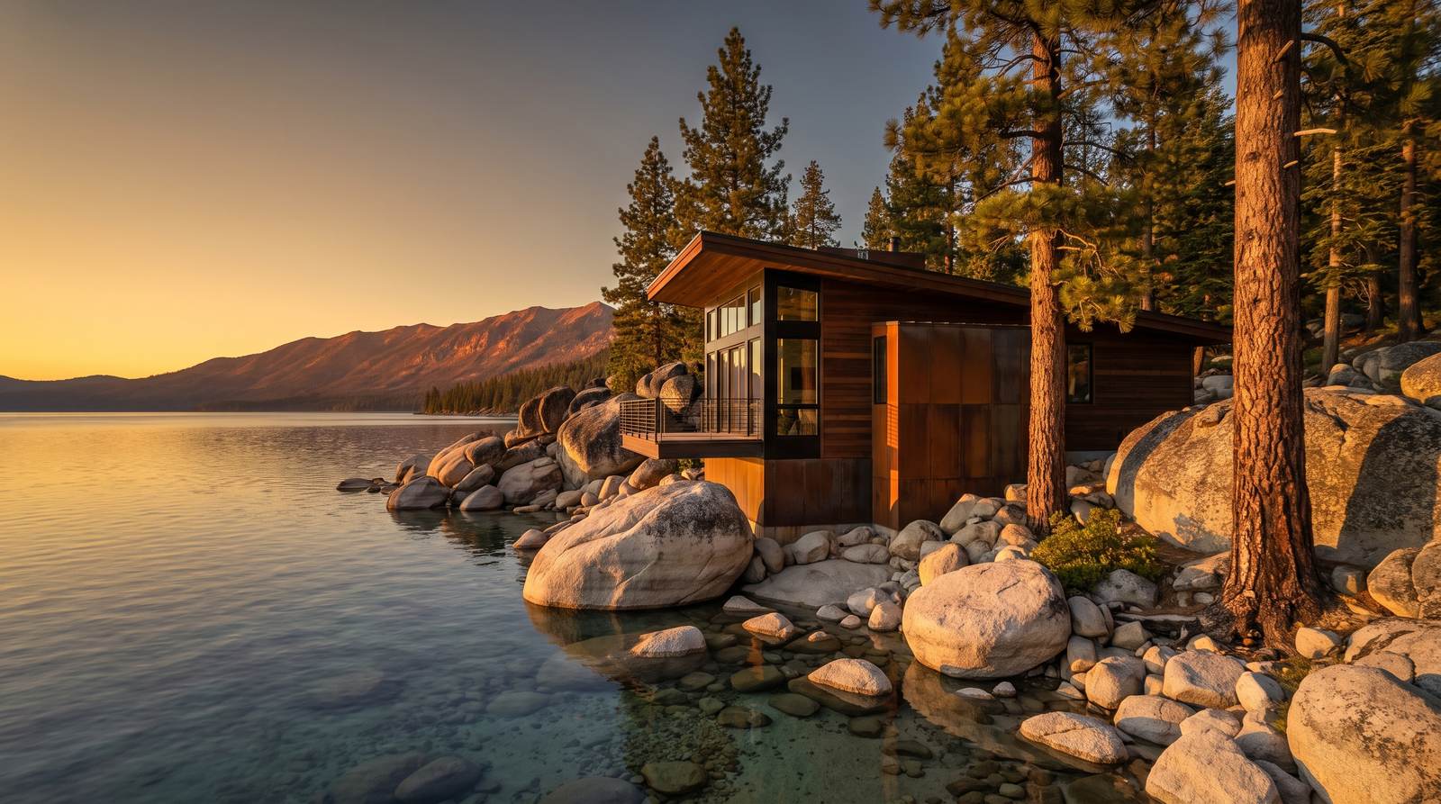 A modern timber and steel lake house among granite boulders and Jeffrey pines on the Nevada shore of a Sierra lake at sunset