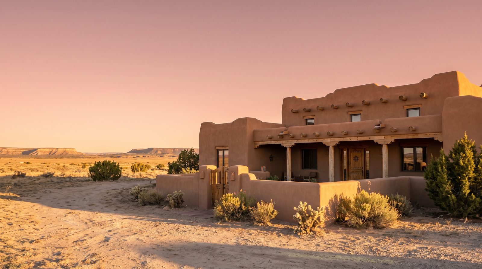 A pueblo style adobe home with projecting vigas and a covered portal on the New Mexico high desert, with flat topped mesas beyond at sunset