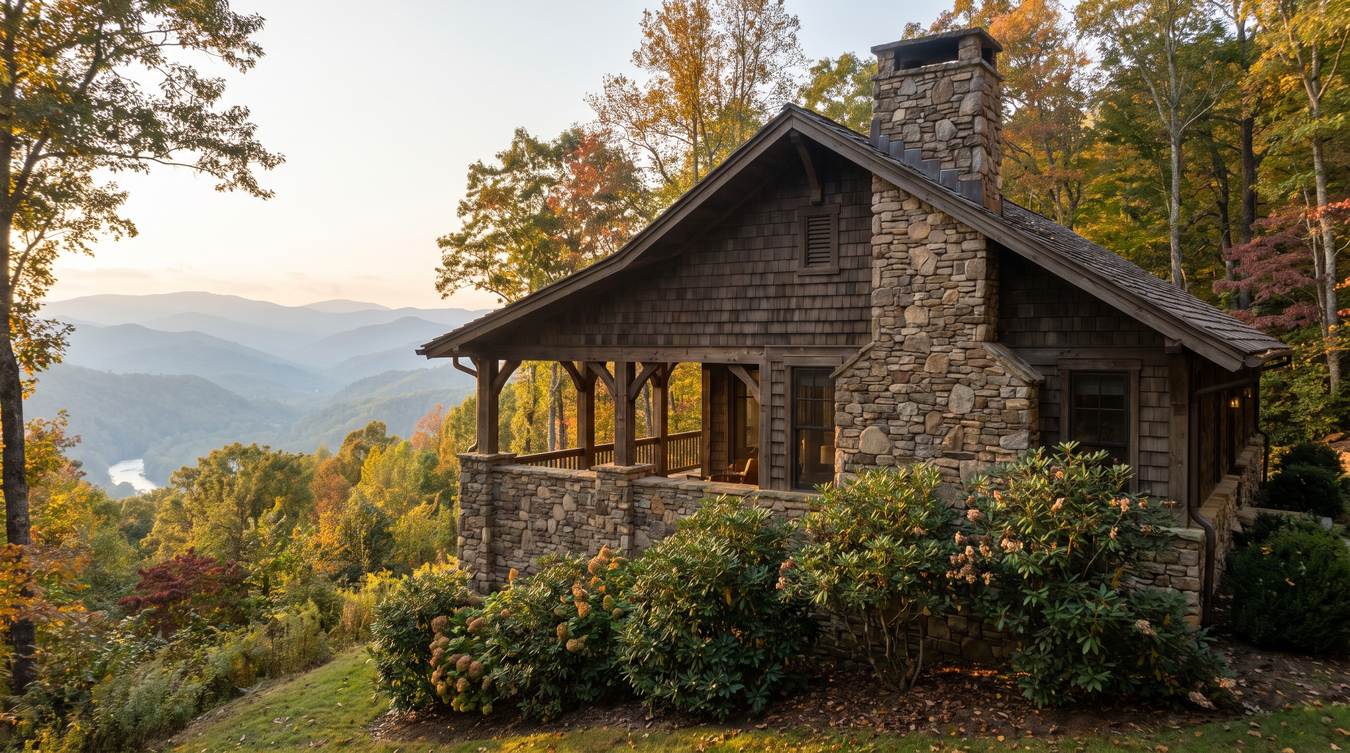 A cedar shake and fieldstone mountain house with a stone chimney in the North Carolina Blue Ridge, layered blue ridges receding behind it