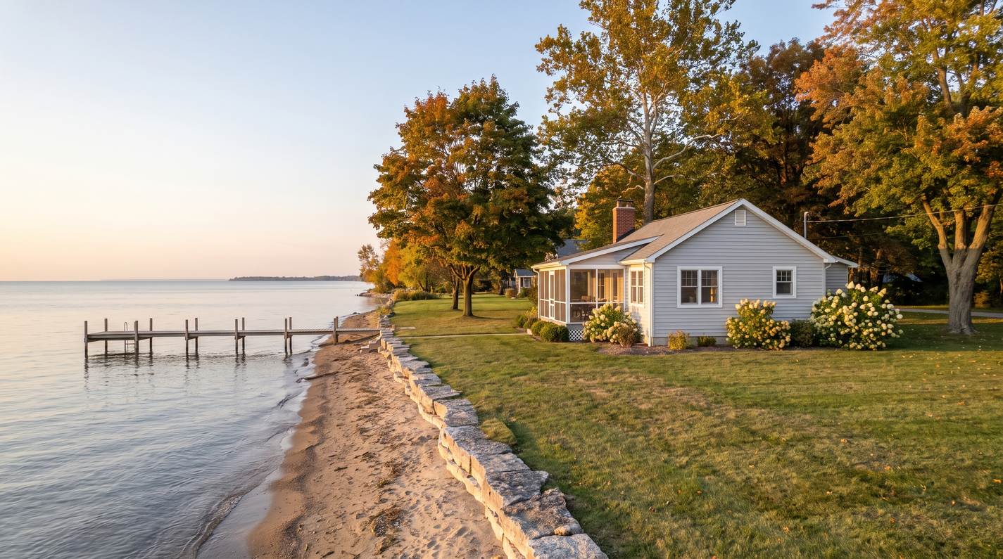 A gray lap sided cottage behind a limestone breakwall on the Lake Erie shore in Ohio, with a wooden dock and maples turning in early autumn