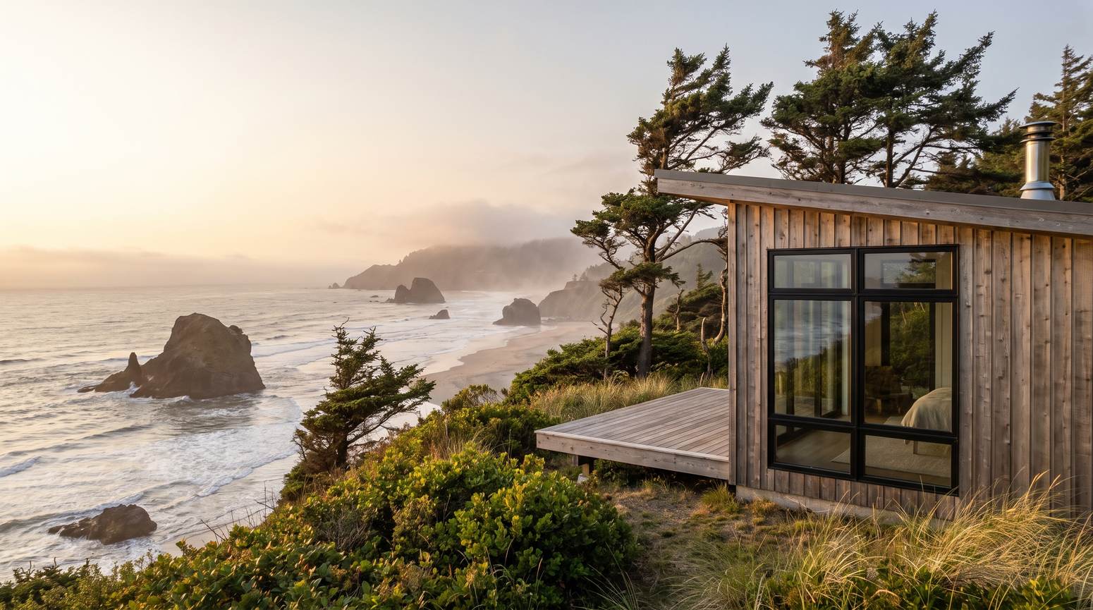 A weathered cedar house with a deck above the Oregon coast at golden hour, with sea stacks, shore pines and mist along the beach below