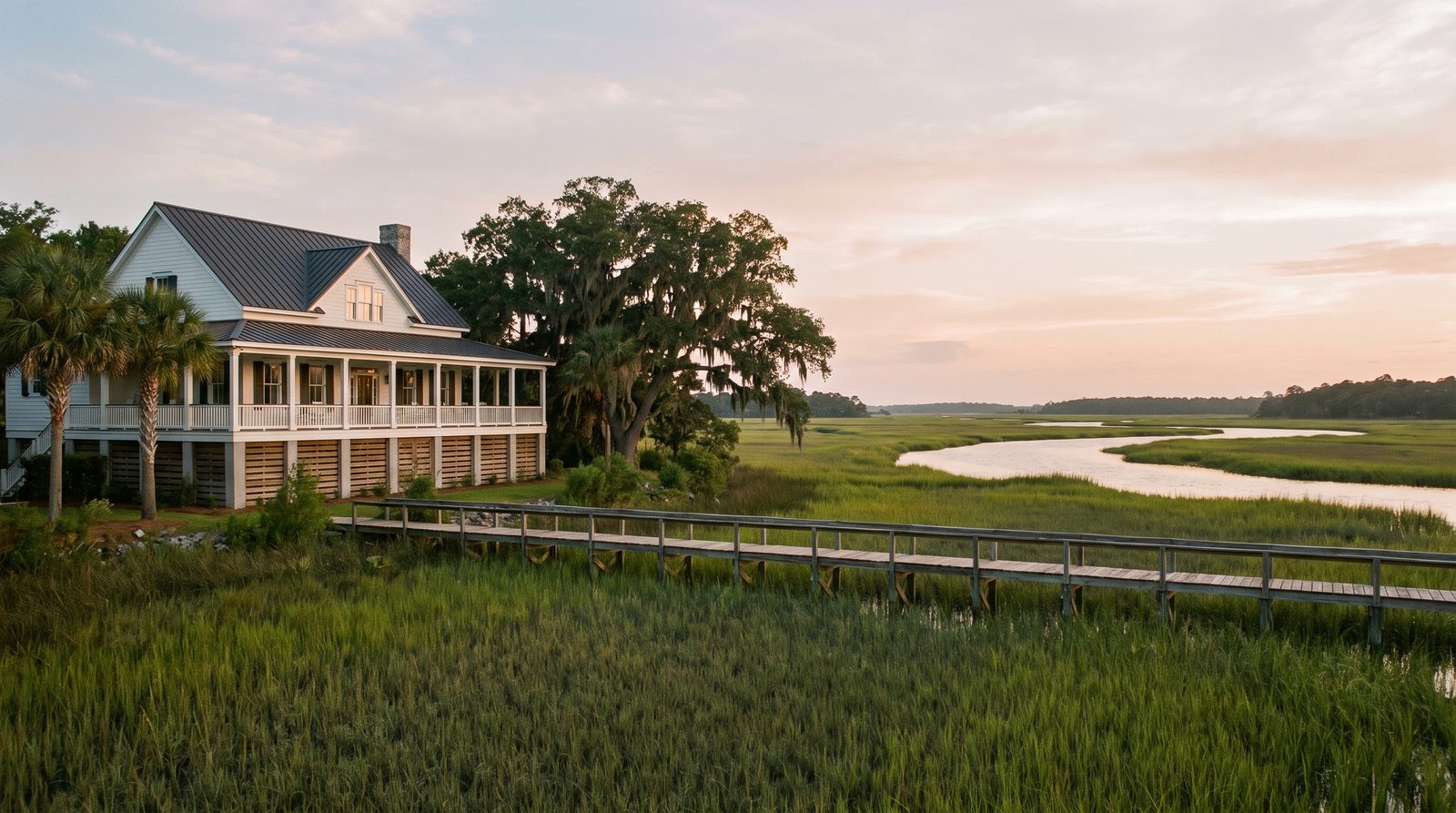 A white Lowcountry house raised on piers with a deep wraparound porch and a metal roof beside palmettos and a moss-hung live oak, with a long boardwalk crossing green salt marsh toward a tidal creek at sunset