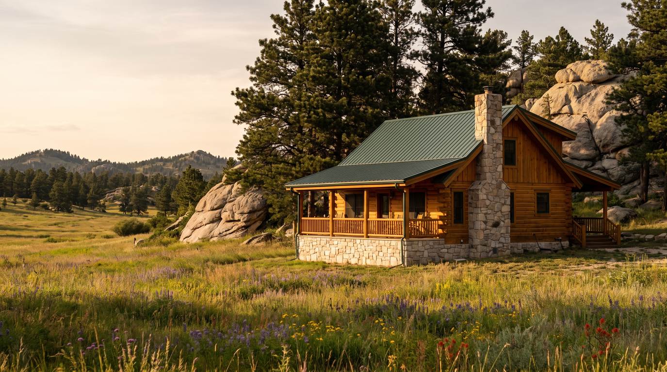 A log cabin with a green metal roof at the edge of a wildflower meadow in the South Dakota Black Hills, ponderosa pines and granite outcrops behind