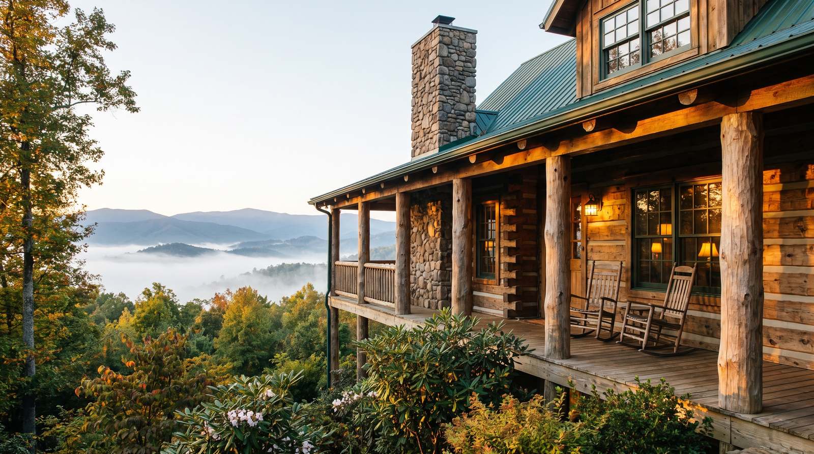 A log cabin with a deep porch, rocking chairs and a river-stone chimney on a Tennessee ridge, looking out over Smoky Mountain ridgelines with fog filling the valley at sunrise