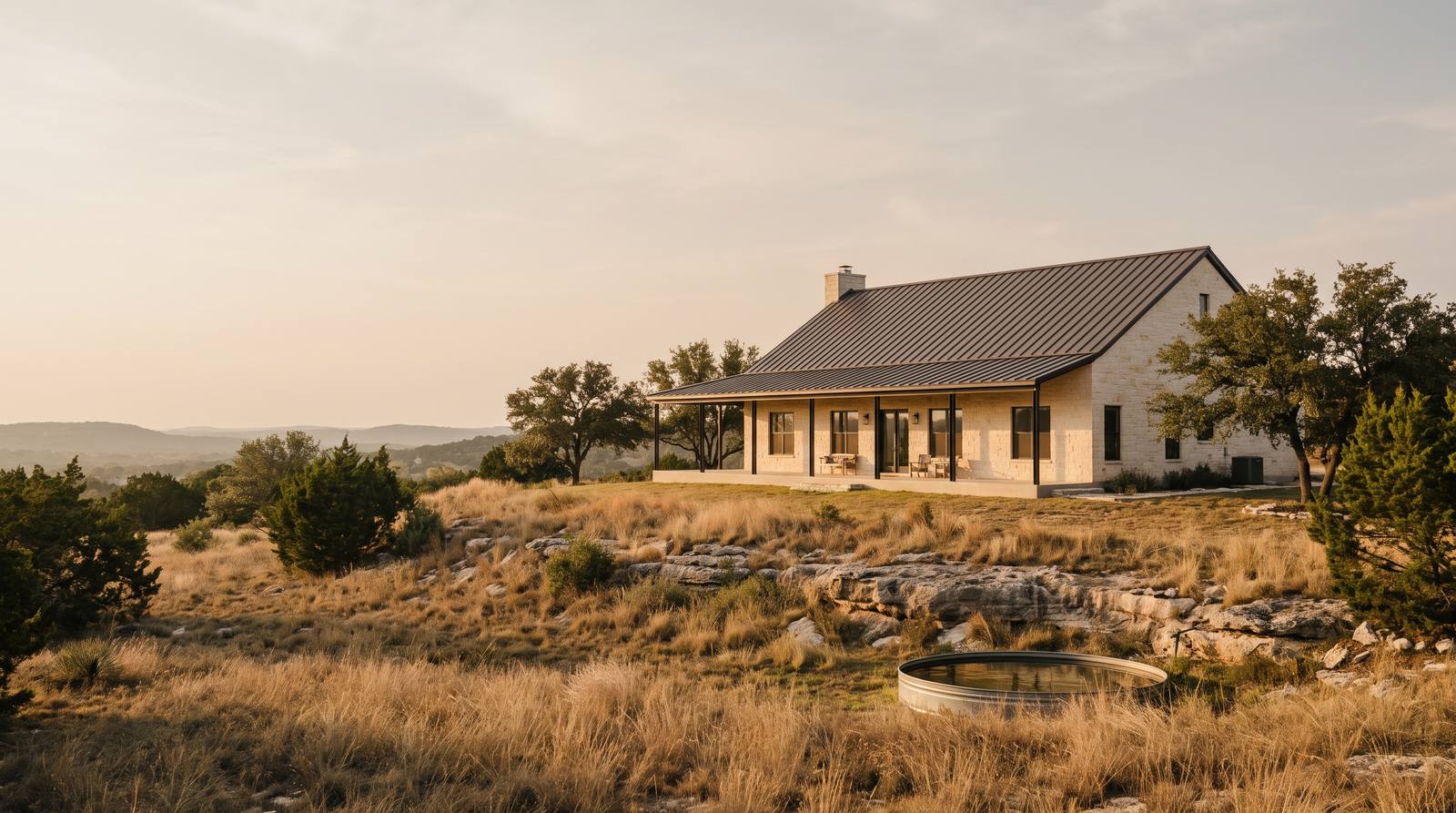 A pale limestone ranch house with a metal roof and a deep shaded porch on a grassy rise in the Texas hill country, live oaks and a stock tank nearby