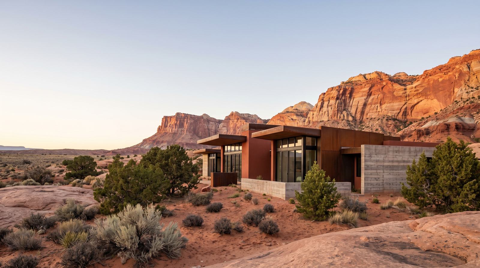 A low desert house of red stucco and weathered steel standing on slickrock in southern Utah, beneath banded red sandstone cliffs at sunset