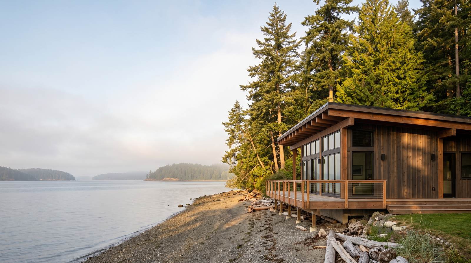 A dark cedar house with a deck above a driftwood beach on Puget Sound in Washington, Douglas firs behind it and forested islands beyond