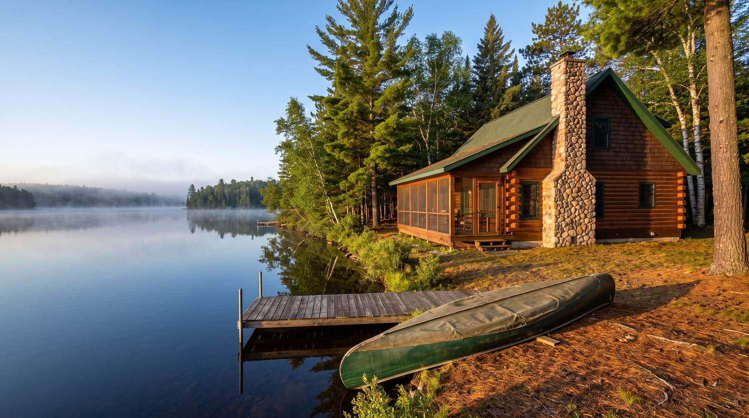 A log cabin with a stone chimney and a screened porch beside a still northwoods lake in Wisconsin, with a dock and an overturned canoe on the shore