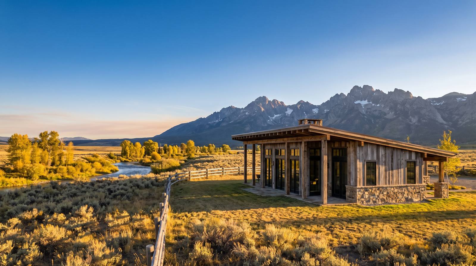 A reclaimed timber ranch house on a Wyoming sagebrush flat at golden hour, with a buck and rail fence and a jagged mountain range rising behind